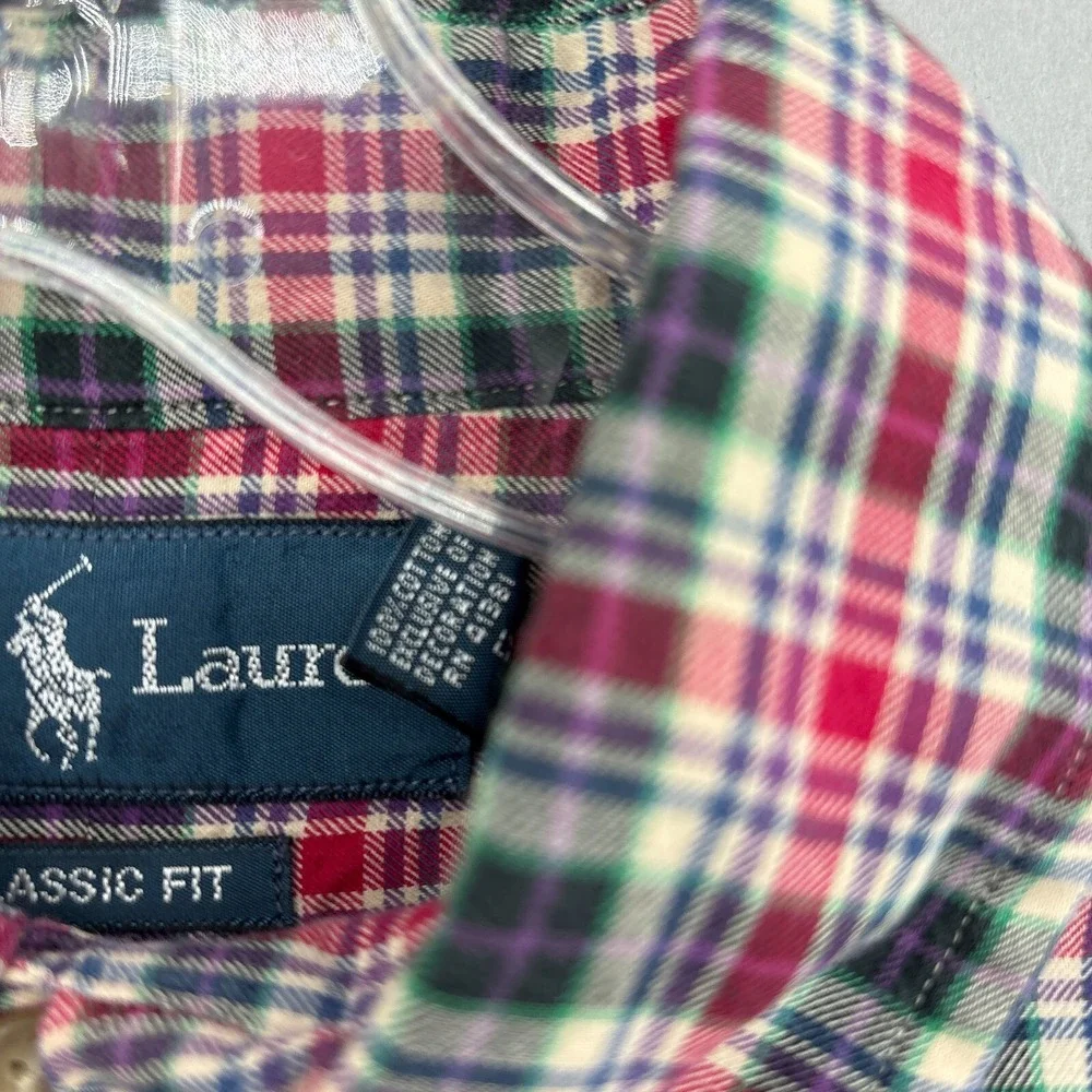 Ralph Lauren Shirt Mens Medium Red Green Plaid Button Down Tartan‎ Twill Vintage